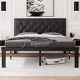 thumbnail image 1 of Honfach Queen Size Metal Platform Bed Frame with Faux Leather Upholstered Button Tufted Headboard, Mattress Foundation with 12” Storage, Steel Slats SupportNo Box Spring Needed, Easy Assembly, Black, 1 of 9