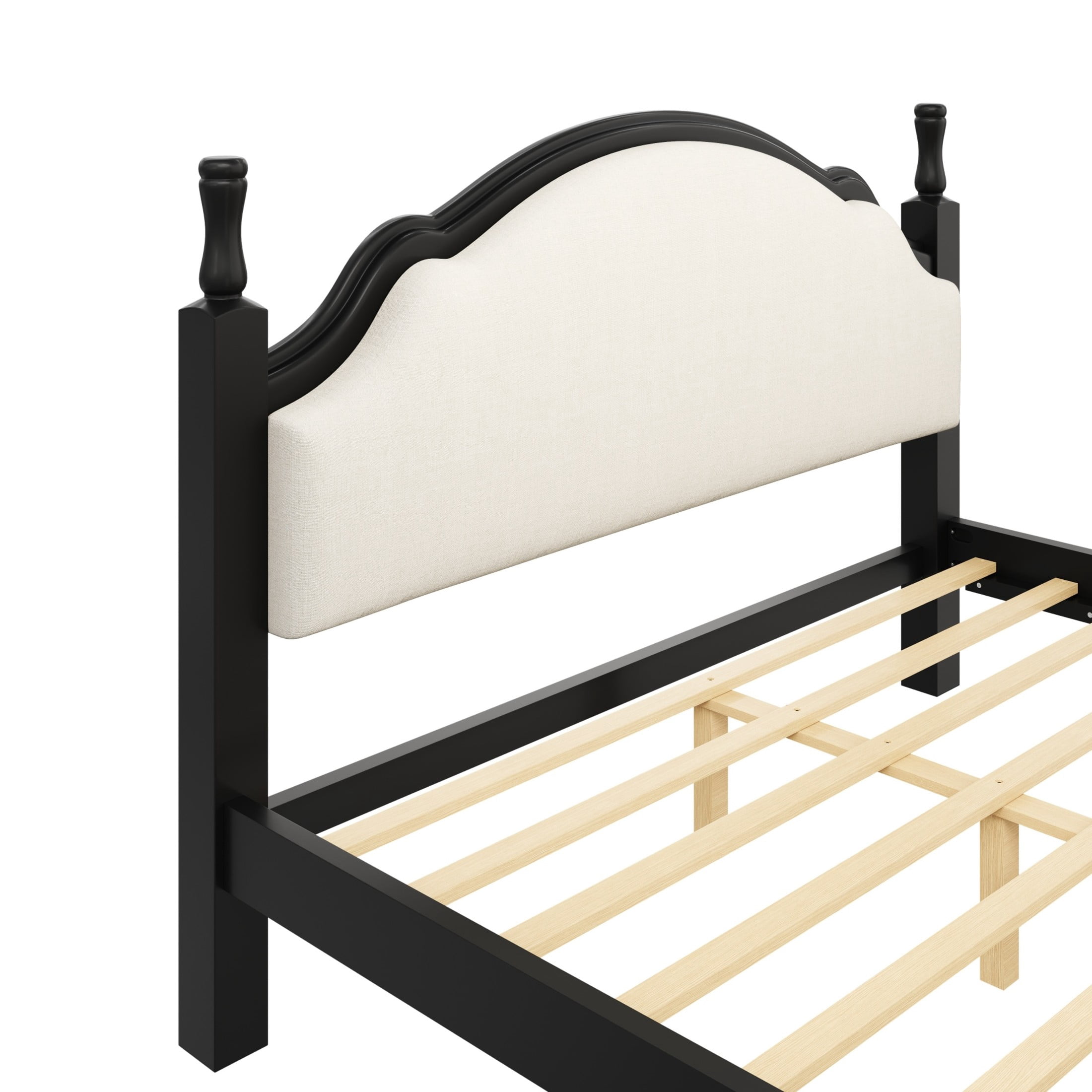 Noble House Caldon King Size Platform Bed, Pine Wood Frame with Curved Upholstered Headboard, Beige and Black