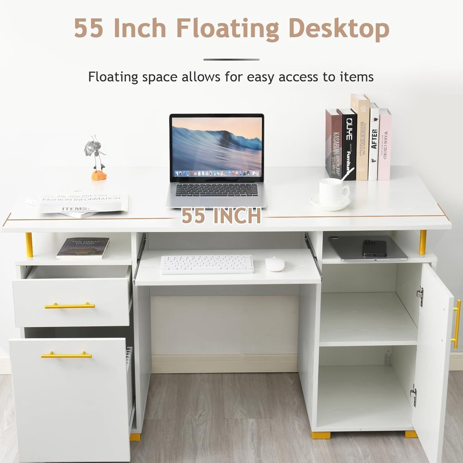 DreamCurship White and Gold Desk with Drawers,White Computer Desk with File Drawer, 55"Executive Desk with Keyboard Tray, Storage Cabinet, White and Gold