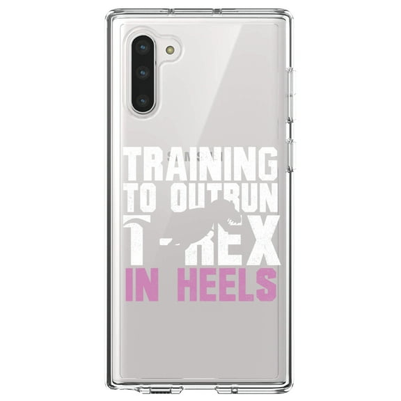 DistinctInk Clear Shockproof Hybrid Case for Samsung Galaxy Note 10 (6.3" Screen) - TPU Bumper Acrylic Back Tempered Glass Screen Protector - Training to Outrun T-Rex in Heels