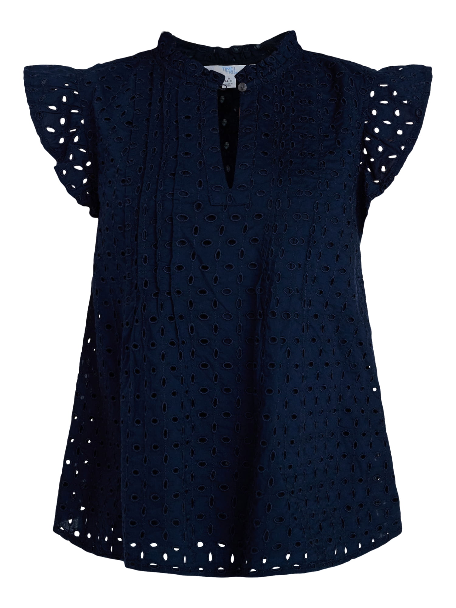 Time and Tru Women's Cotton Eyelet Top with Short Flutter Sleeves, Sizes XS-XXXL