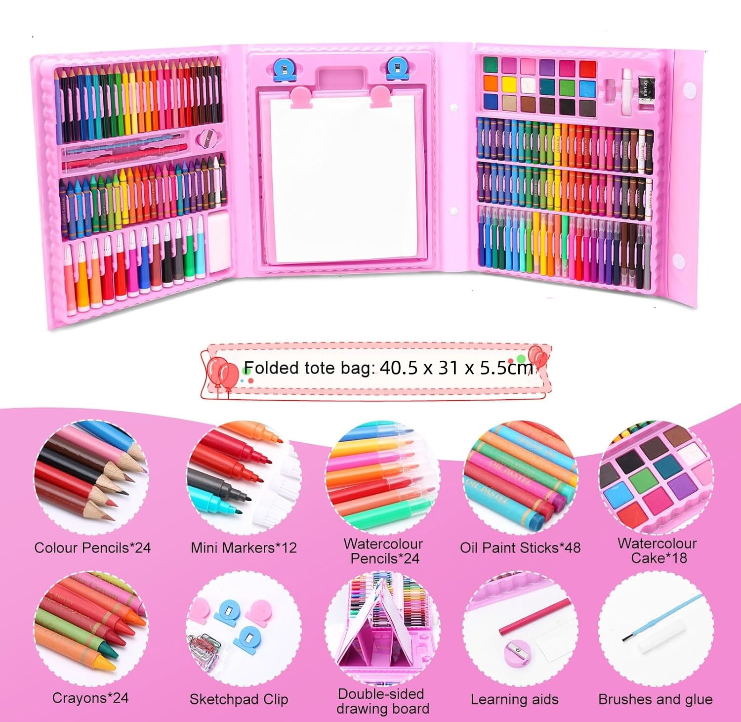 Drawing Art Kit for Kids,Double Sided Trifold Easel Art Set, 208 PCS Art Supplies,Drawing Art Box with Oil Pastels, Crayons, Colored Pencils, Markers, Paint Brush, Watercolor Cakes,Pink
