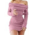 thumbnail image 2 of NSLGXD Women's Off Shoulder Sweater Dress Fleece Long Sleeve Knit Bodycon Mini Dress Fall Winter Warm Sweaters Knit Crochet Ruched Cocktail Party Dresses, 2 of 6