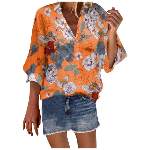 Blusa suelta de manga 3/4 con cuello en V y estampado de flores divertidas para mujer Fridja ghj987+632