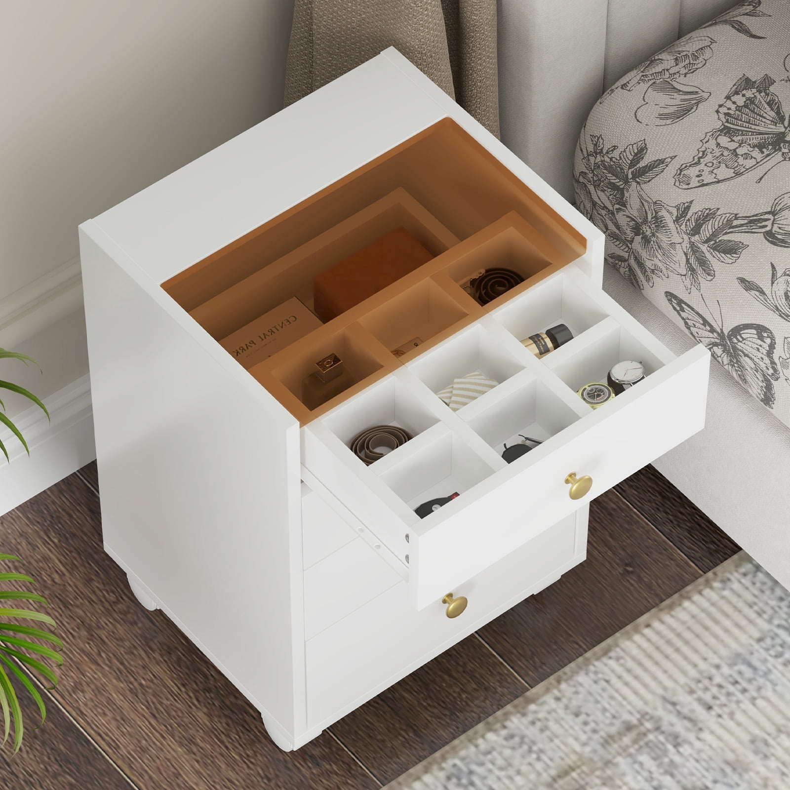 Cyehnenx 4 Drawer File Cabinet, Under Desk Storage, Home Office Vertical Storage Cabinet with Glass Top, Mobile Printer Stand with Lockable Wheels for Home Office Study, White