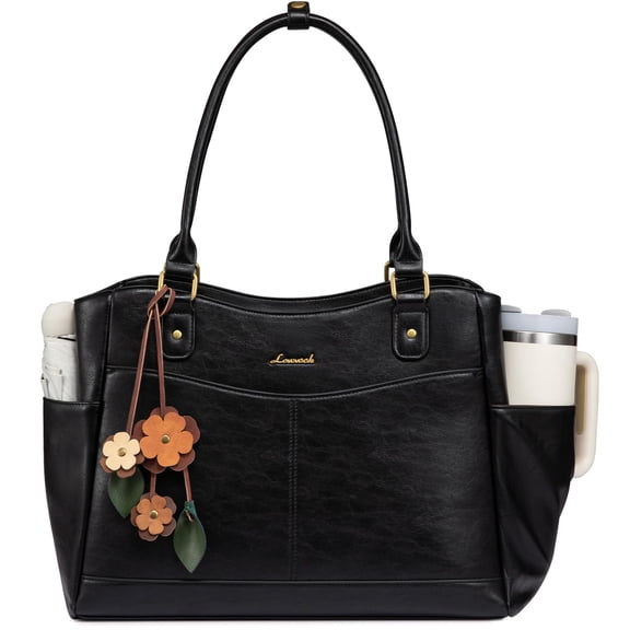 LOVEVOOK Laptop Bag for Women, Leather Vintage Work Tote Bag Computer Office Teacher Bag with Large Cup Holder
