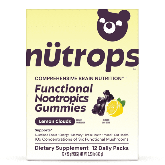 Nutrops by Gruns, Lions Mane Mushroom Gummies for Adults, Functional Nootropics, Herbal Brain Supplement for Energy, Brain Health, Cognitive, Memory & Focus, 12 servings
