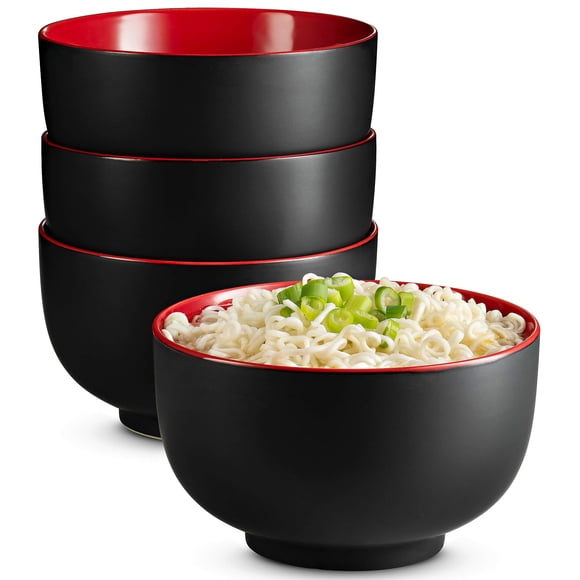 Ramen Bowl KoOk Ceramic de gran capacidad, 1 litro, juego de 4 unidades, color negro y rojo