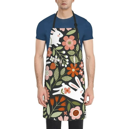 

Tebeau Rabbits on Floral Print Waterproof Cooking Aprons Adjustable Bib Soft Chef Apron with 2 Pockets for Men Women