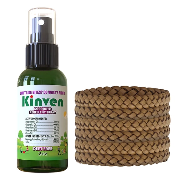 Kinven Bracelets and Spray Pack for Mosquito - 2oz Bottle + 6 Bracelets, Brown, Great Looking and Natural, Insect Wristband & Spray, Waterproof, Indoor Outdoor Protection for Adults & Kids