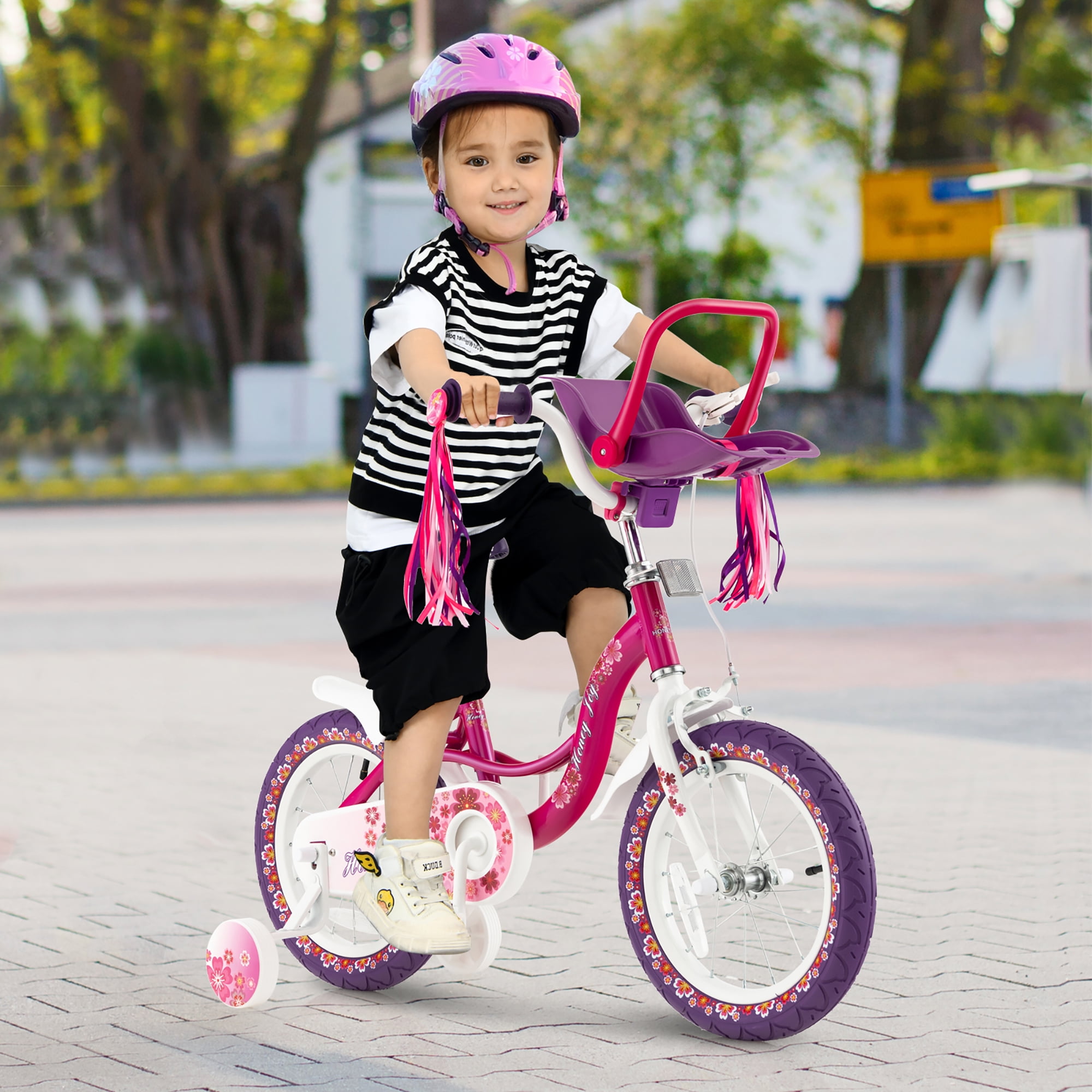 Costway 14 Kids Bike with Doll Seat Girls Bicycle with Training Wheels for 3 5 Years Old Girl