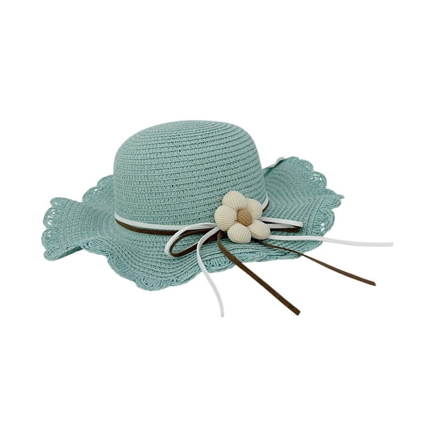Sombrero Para Playa De Niña Ondulado Tejido De Paja Con Flor azul
