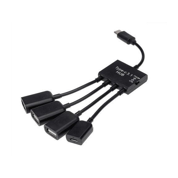 Type C 3.1 to 3-Port USB 2.0 with 1-Port Micro USB Charge HUB OTG Adapter Connector Black