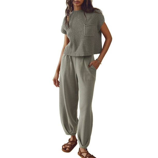 Lucakuins - Conjunto de pantalones para mujer, camiseta de manga corta con cuello redondo y pantalones largos, atuendo de verano Lucakuins moda