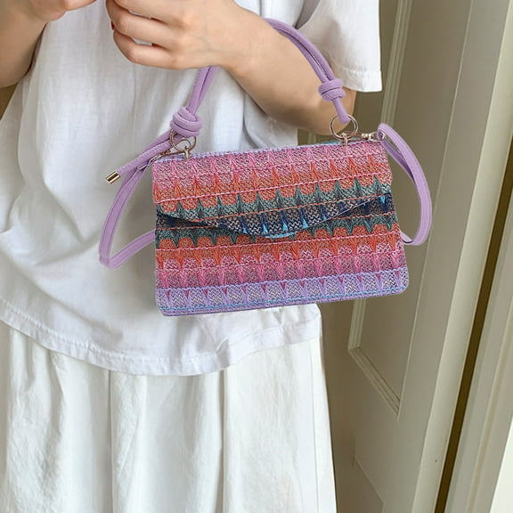 Qiweii Mini Straw Woven Small Bag Women Bag Contrast Color Stripesd Shoulder Crossbody Bag Foreign Style Handbag Small Crossbody Handbags Purse