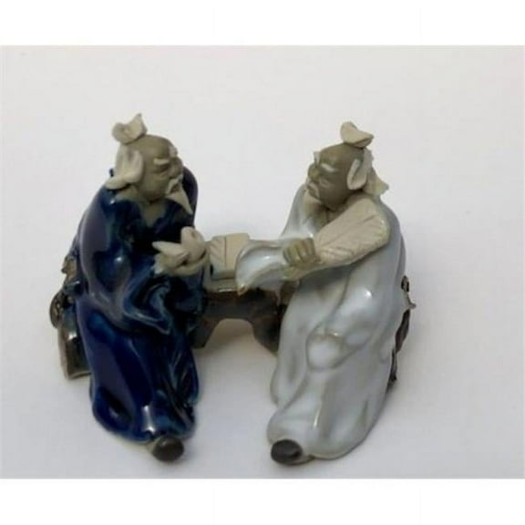 2.25 in. Two Men Sitting on a Bench Holding Fan & Pipe Ceramic Figurine, Blue & White