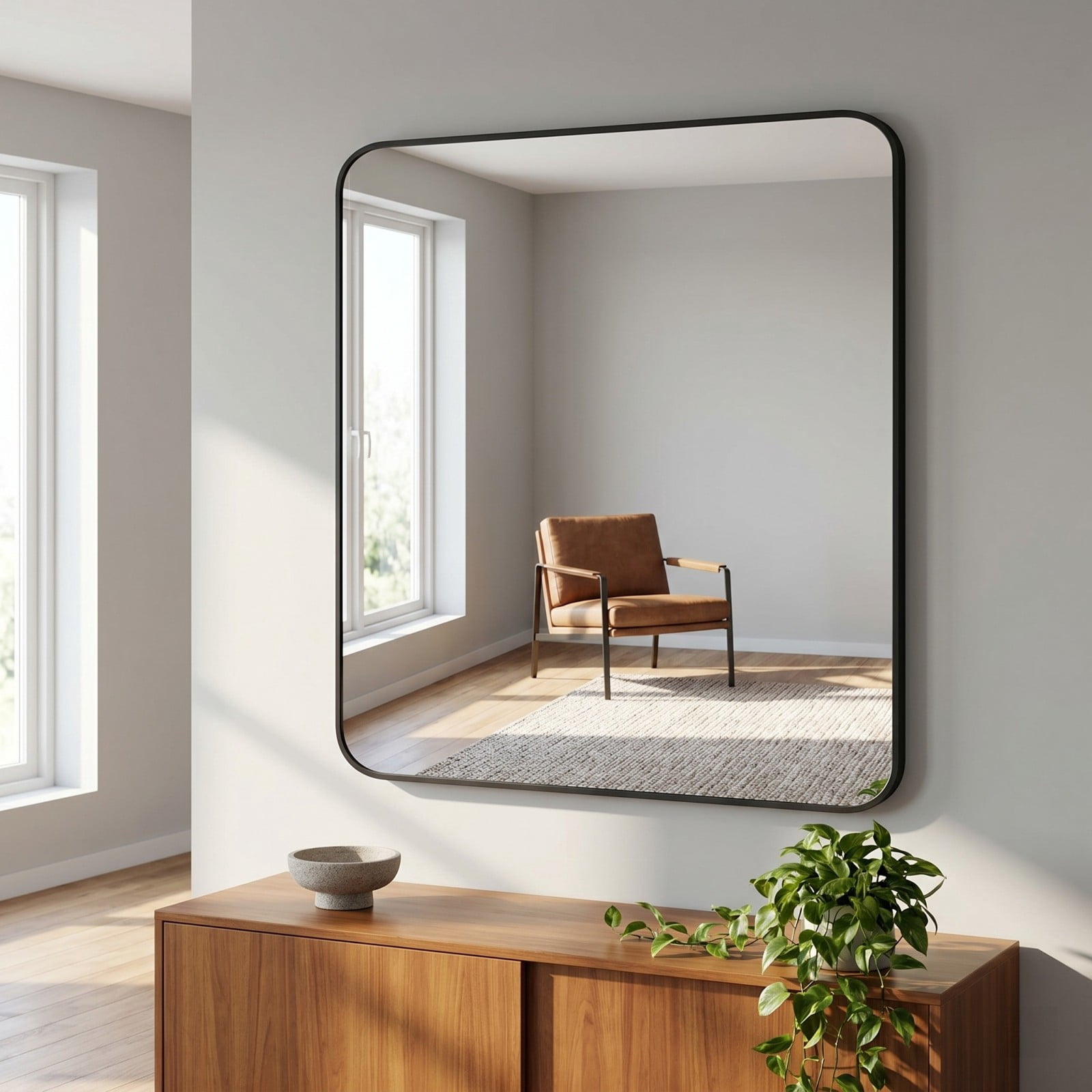 Easy4Home 39"x39" Large Rectangular Bathroom Mirror Hanging Rounded Corners Vanity Mirror Wall Mounted, Black