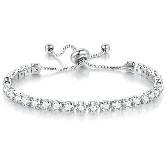 Round CZ Tennis Bracelet for Women Adjustable Chain Slide Bead White Gold Plated Ginger Lyne Collection