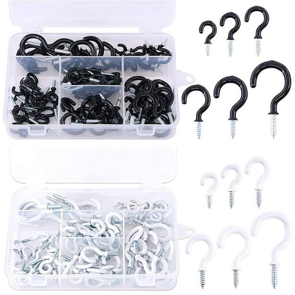 200Pcs 6 Sizes Black White Vinyl Coated Cup Hooks Screw-in Ceiling Hooks Screw Hooks Mug Hooks Hangers Assortment Kit for Home and Office Use