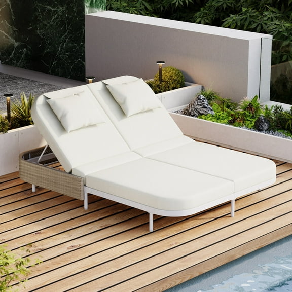Outdoor Daybed, Rattan Loveseat Sofa with 5-Position Adjustable Backrest and Removable Cushions & Pillows, 2-Person Double Chaise Lounge Sunbed for Garden Backyard, White