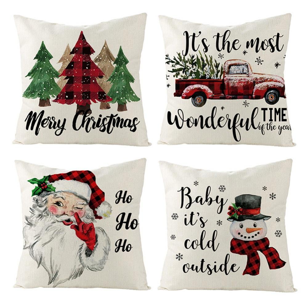 18" Linen Cojines Xmas Truck Cushion Cover Christmas Tree Sofa Decor Pillow Case 