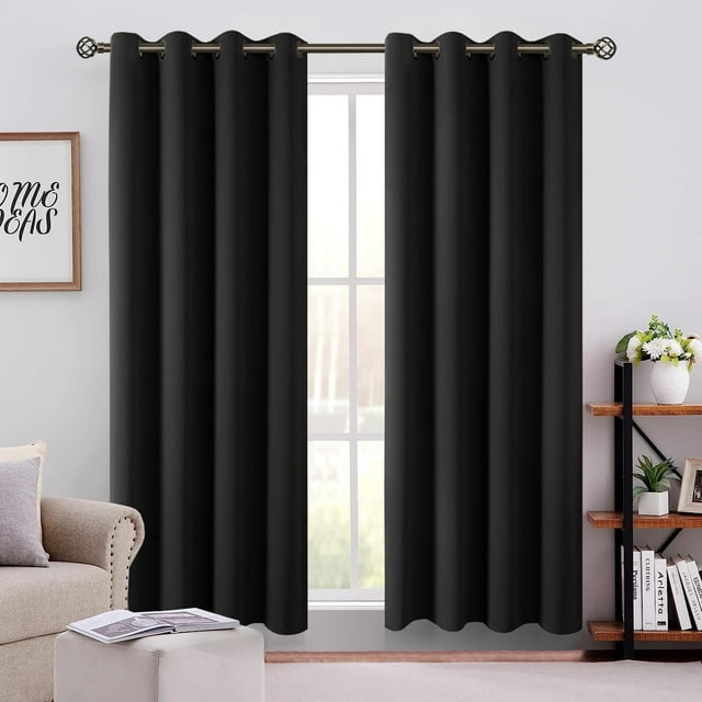 Cortinas 2 Paneles, Cortinas de oscurecimiento, con Ojales, Aislamiento Térmico y Reducción Ruido, Tela Poliéster, Impermeable y Suave, Negro, 52" x 84