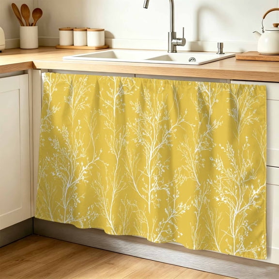 Yellow Botanical Cabinet Curtains for Shelves, Vintage Floral Plants Branch Privacy Curtain for Closet Self Adhesive, Dust-Proof Drapes for Closet Storage Room Classroom Doorway, 32"W x 55"L