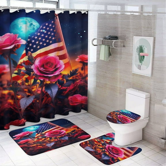 Independence Day Of The United States Flag Bathroom Sets with Shower Curtain And Rugs, Incl with 12 Hooks,Toilet Lid Oval Rug
