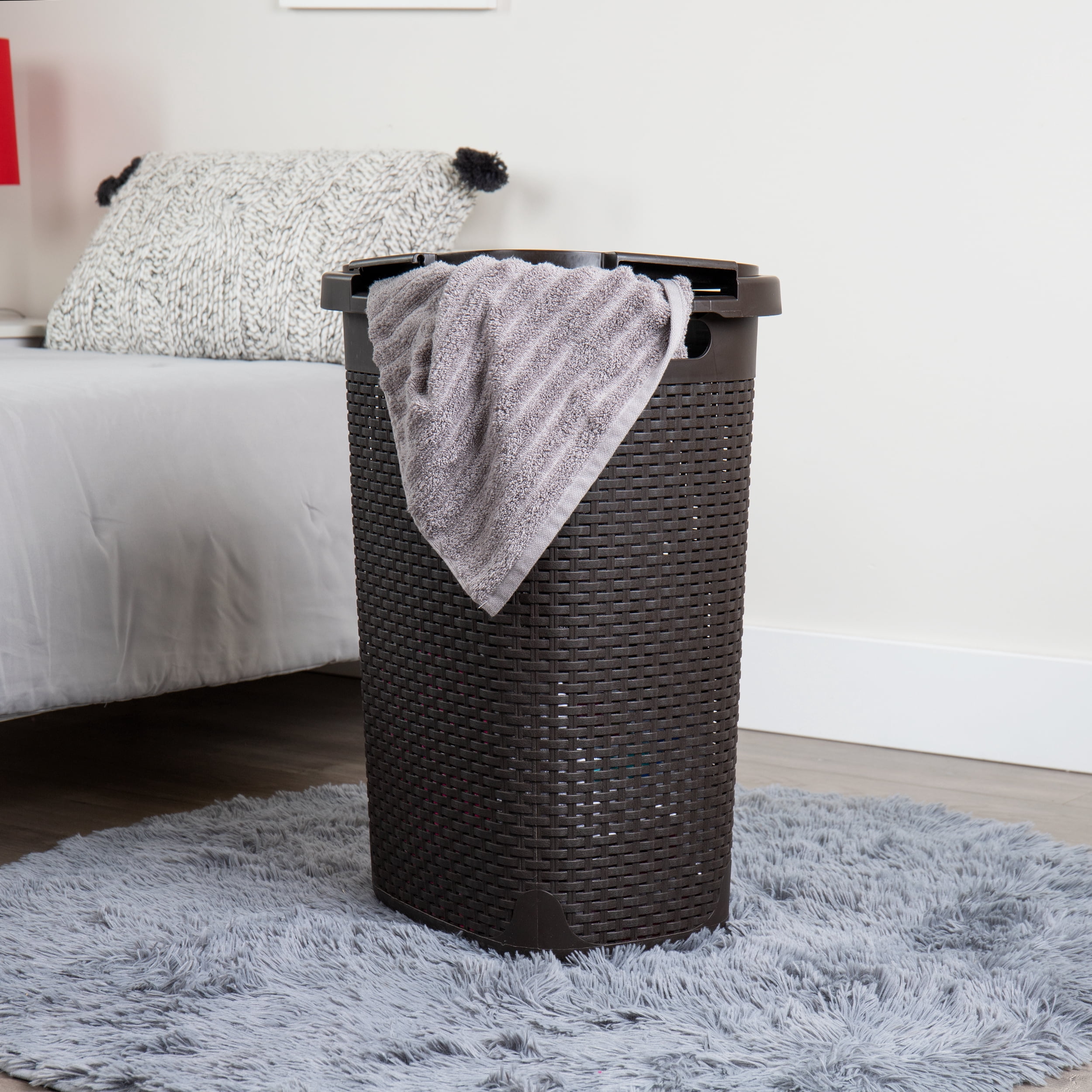 Mind Reader 60L Slim Laundry Hamper, Clothes Basket, Lid, Wicker Style, Plastic, 17.65"L x 13.75"W x 24.15"H, Set of 2, Brown
