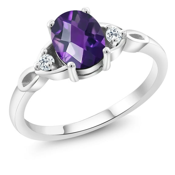 Gem Stone King 925 Sterling Silver Purple Amethyst and White Topaz 3-Stone Rings for Women (1.28 Cttw, Gemstone February Birthstone, Oval Checkerboard 8X6MM, Available in Size 5, 6, 7, 8, 9)