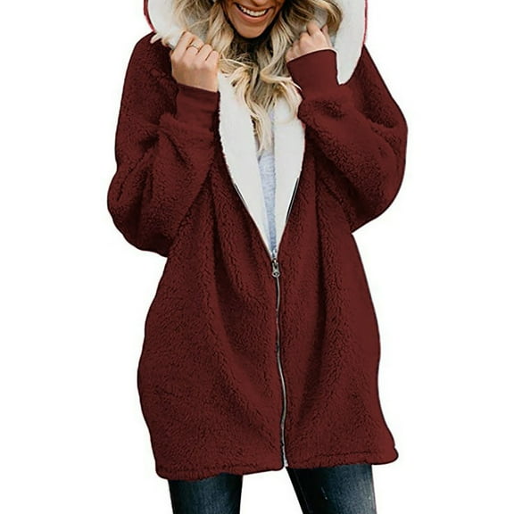 Jacenvly Winter Coats for Women Soft Comfortable Plush Jackets for Women Solid Hooded Zipper Pocket Mid-Length Dresses for Women Loose Casual Womens Long Sleeve Tops