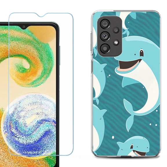 Shockproof Fashion Phone Case for Samsung Galaxy A23 5G, with Tempered Glass Screen Protector, by OneToughShield ® - Smiling Dolphin