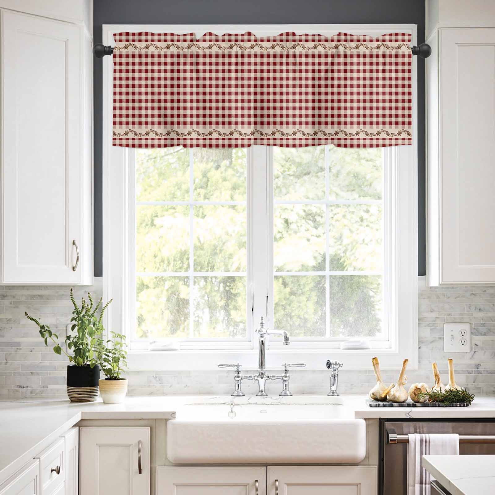 Country Red Buffalo Plaid Kitchen Curtains Valance and Tier Set Retro Star Berries Vine Linen Texture Short Curtains for Small Window 3 Pieces Set for Bedroom Bathroom Cafe (54" x 18"+27" x 36")