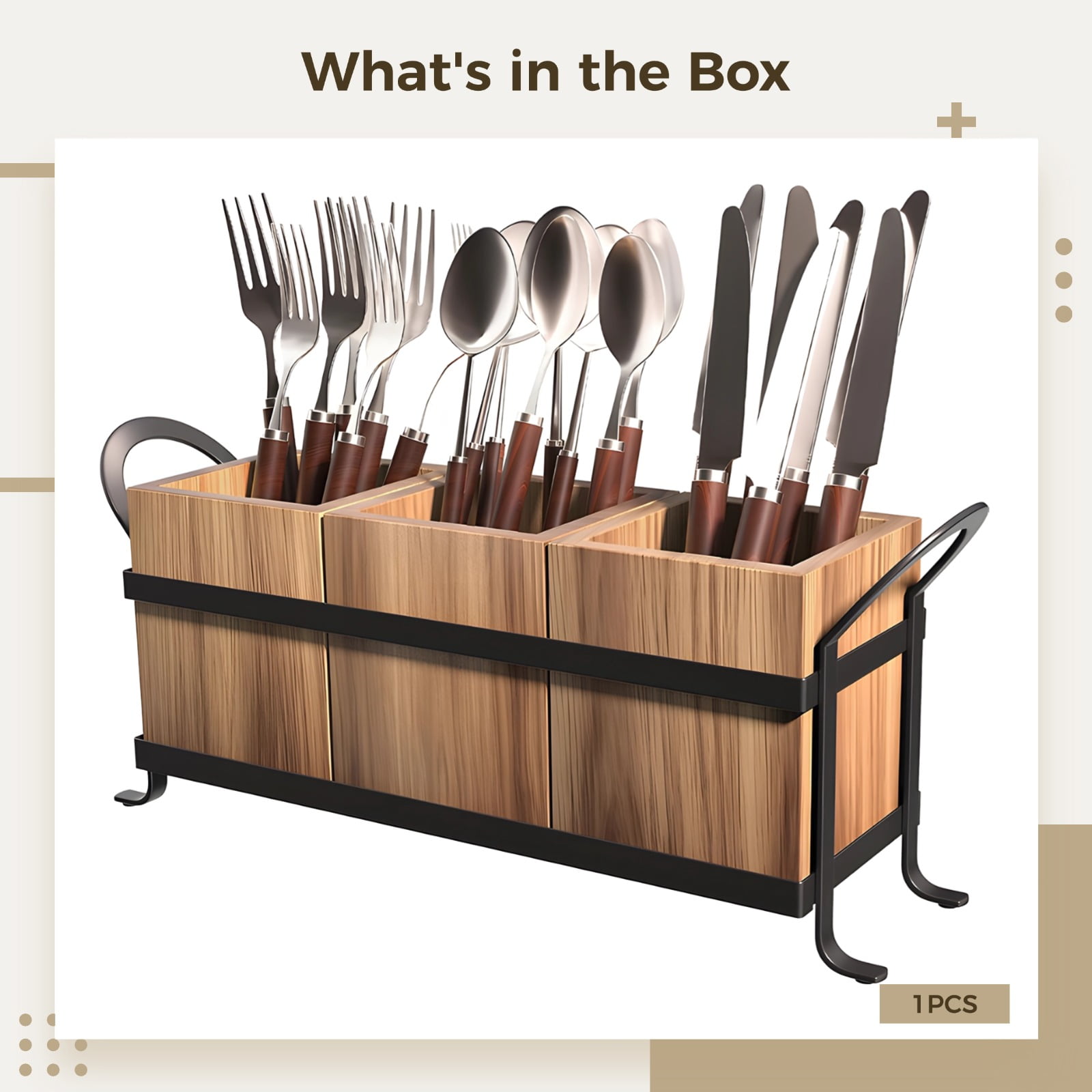3‑Compartment Wooden Utensil Caddy with Metal Frame – Silverware & Cutlery Holder for Kitchen Countertop, Farmhouse Style, Detachable Box for Easy Cleaning