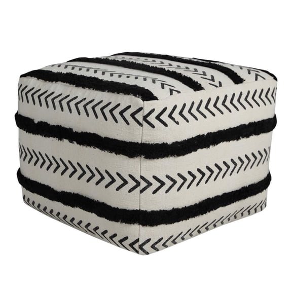 LR Home Small Over-tufted Striped Indoor Square Pouf, Black/White, 18" x 18" x 14"