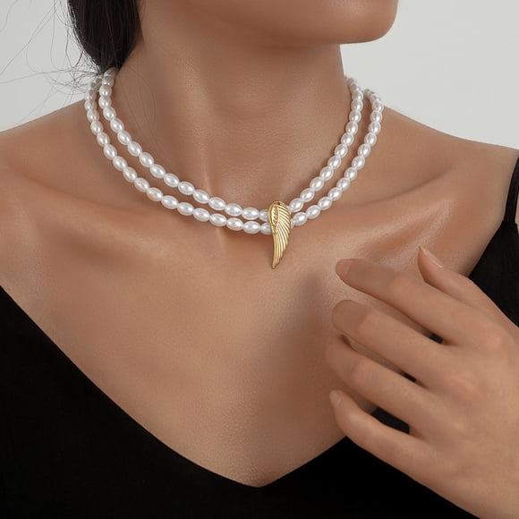 FcBaudy Necklace for Women, Jewelry for Women, Women's Jewelry Stainless Steel Angel Titanium Steel Pendant Temperament European And Double Pearl Necklace Pearl necklace