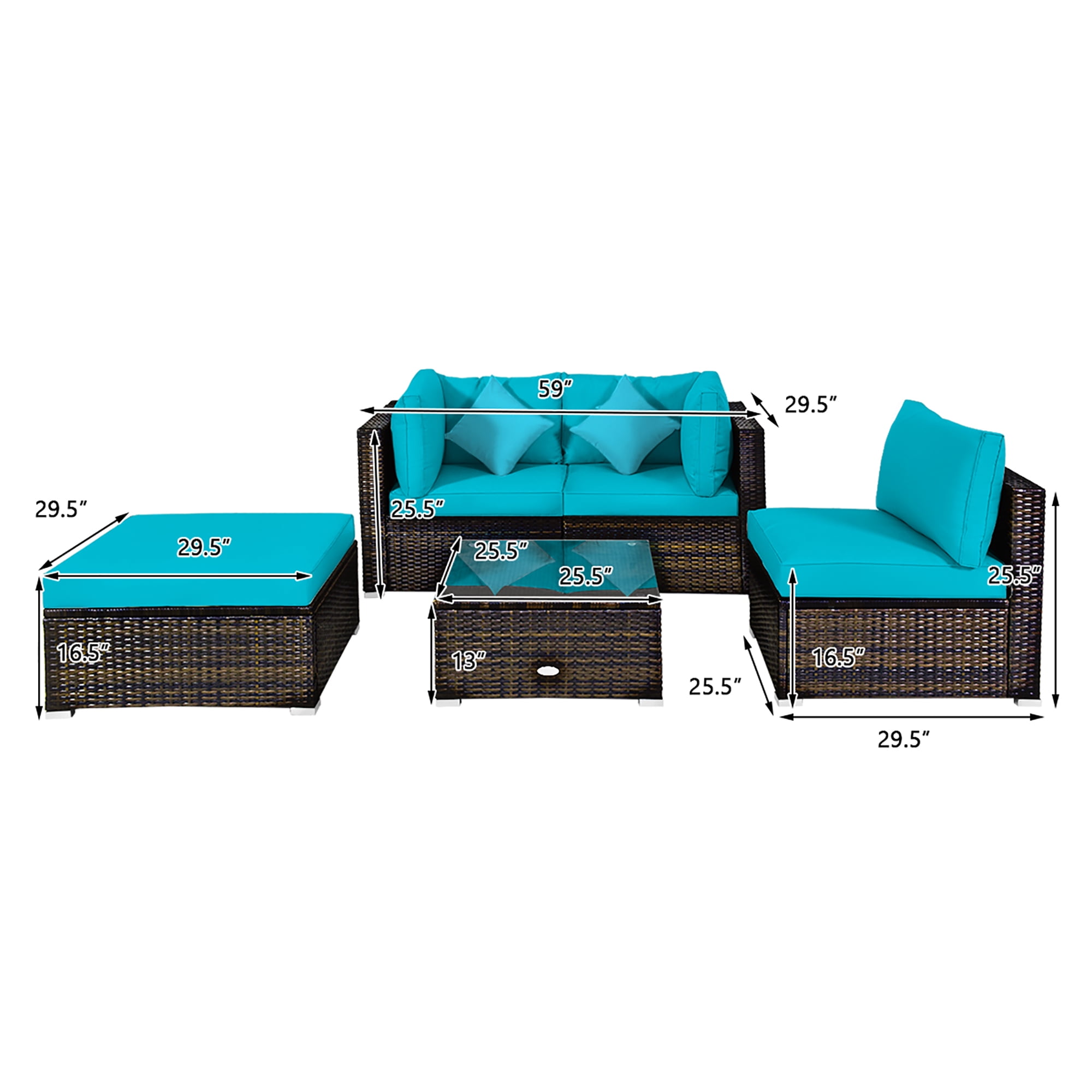 Costway 5PCS Outdoor Patio Rattan Furniture Set Sectional Conversation Turquoise Cushion