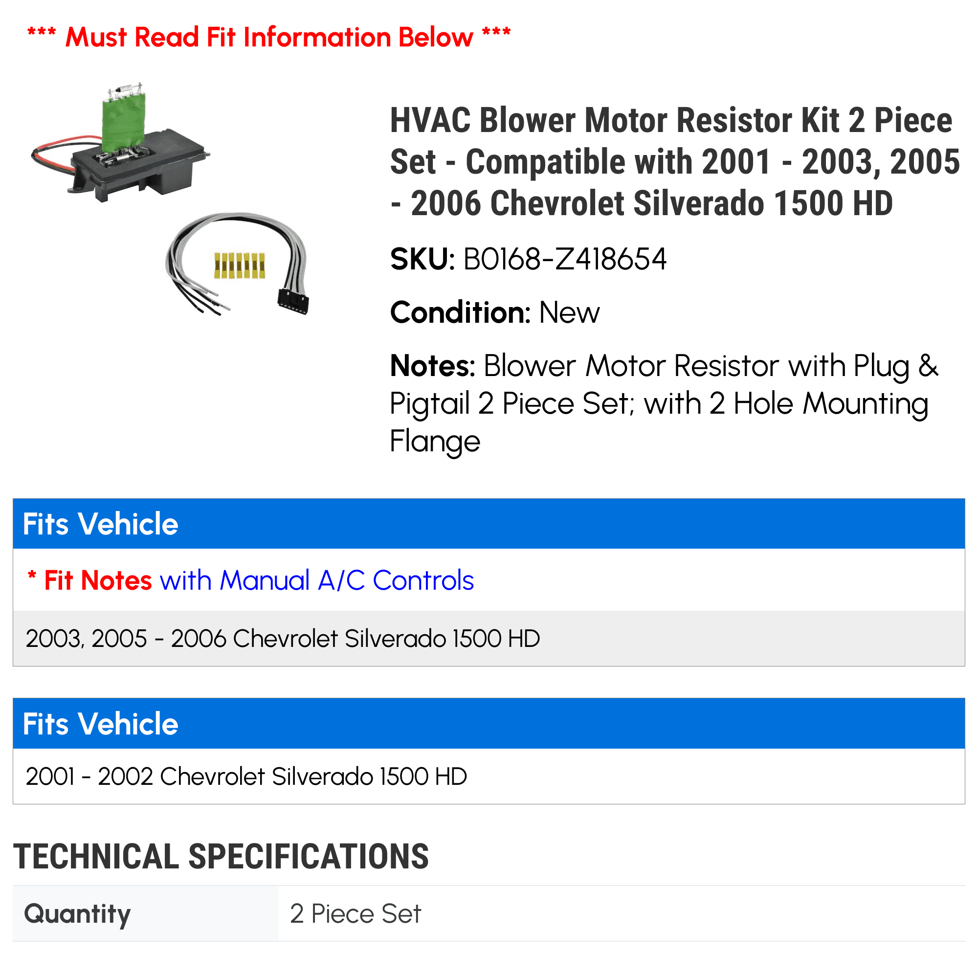 HVAC Blower Motor Resistor Kit 2 Piece Set - Compatible with 2001 - 2003, 2005 - 2006 Chevy Silverado 1500 HD 2002