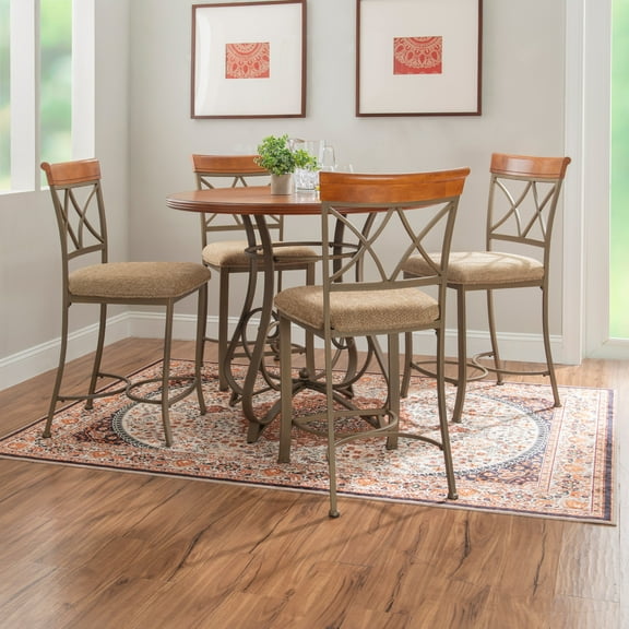Roselyn 5-Piece Counter Height Pub Set, Brushed Faux Medium Cherry Wood with "Matte Pewter and Bronze" Metal