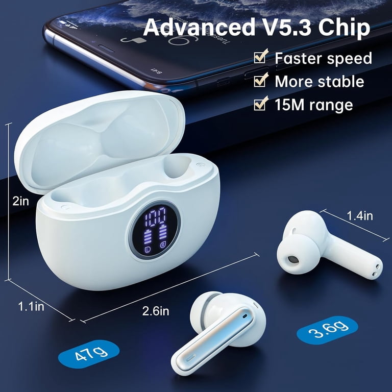 A10 Pro Wireless Earbuds, Bluetooth 5.3 Headphones HiFi Stereo 50H