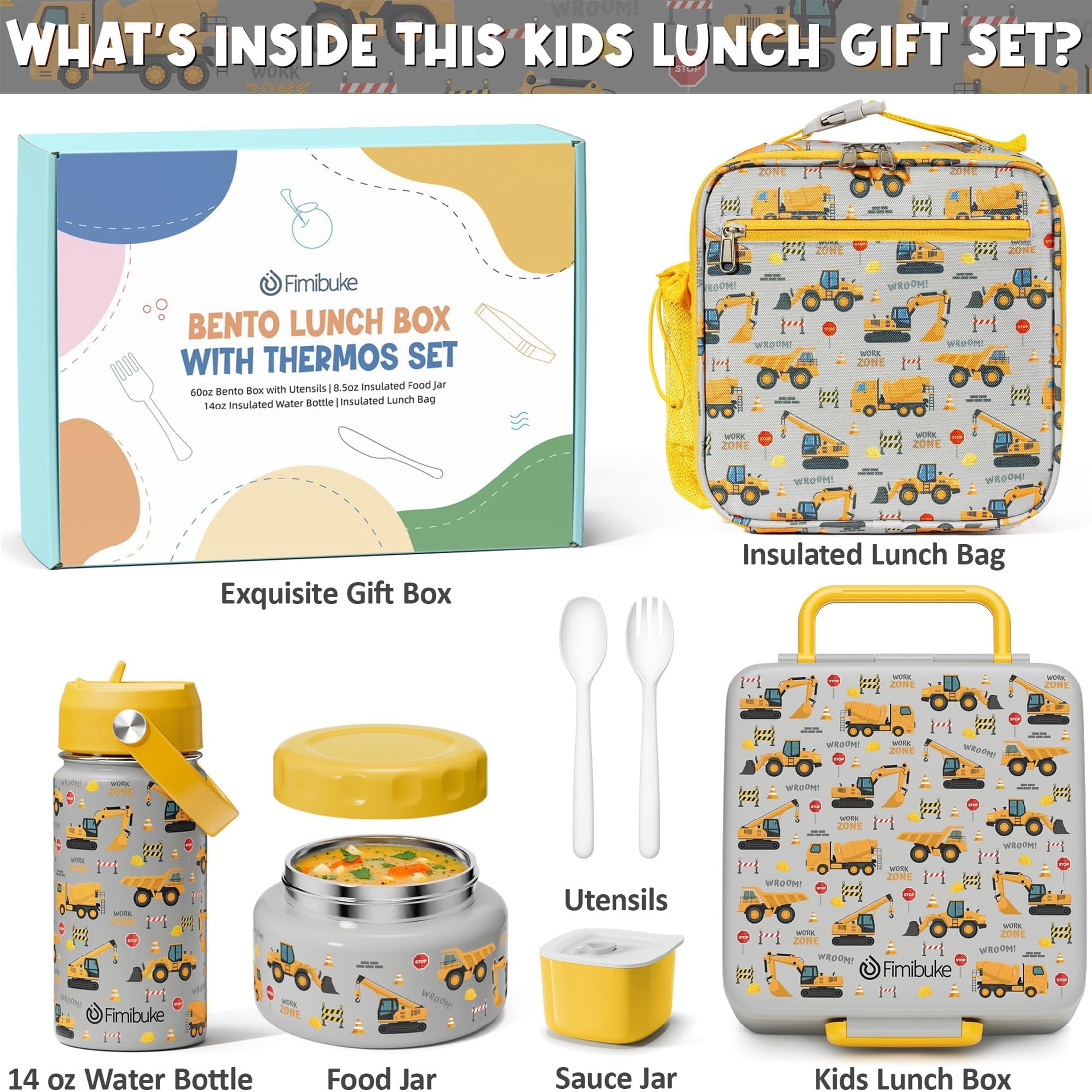 Bento Lunch Box Set for Teen Adult, Lunch Food Container 3-4 Compartment with 14 OZ Water Bottle, Food Jar, Insulated Lunch Bag, Sauce Cup, Utensils, Construction Trucks