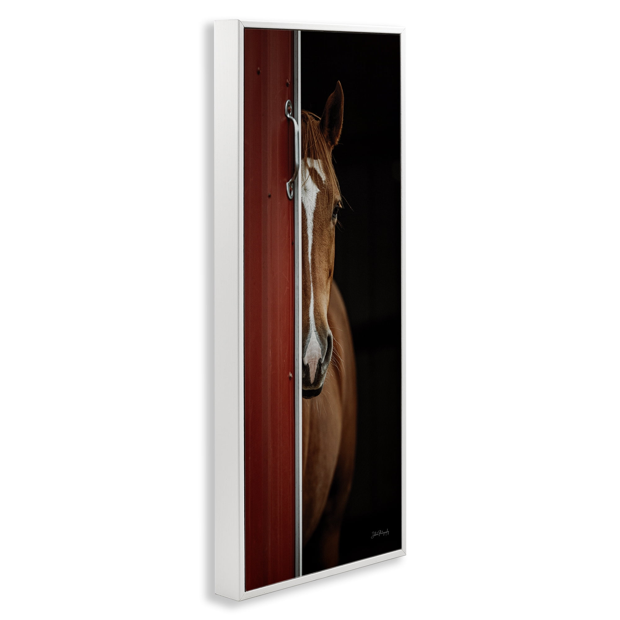 Stupell Industries Brown Stallion Peeking Animals & Insects Photography White Framed Art Print Wall Art, 10 x 24