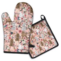 Poodle and Flowers Floral Kitchen Oven Mitt and Pot Holder Sets 2 Pcs for Baking, Cooking and Grilling, Heat Resistant Up To 392 °F
