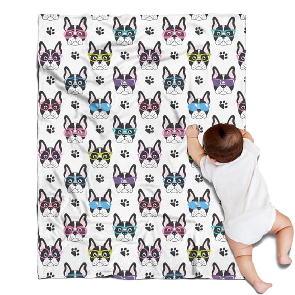 French Bulldog with Glasses White Blanket,Comfortable Soft Flannel Throw Blanket,All Season,Warm Lightweight Blankets for Sofa Bed Couch Living Room Chair,30"x40"