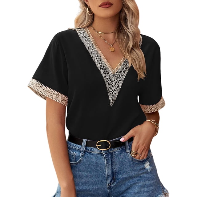 Camiseta De Gasa Camiseta de retazos de encaje Camiseta de gasa con cuello en V para mujer Camiseta holgada de verano (Negro L) Ygjytge para Mujer Negro T M