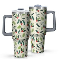 Green and Red Christmas Holly Pattern Tumbler with Handle and Lid,40oz Double Wall Vacuum Insulated Tumbler,Cups Gift for Women and Men