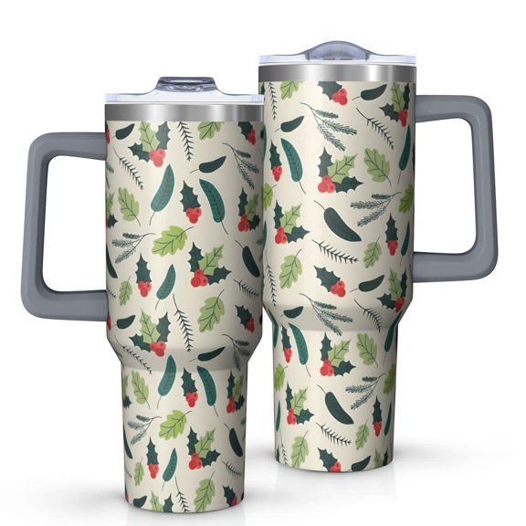 Green and Red Christmas Holly Pattern Tumbler with Handle and Lid,40oz Double Wall Vacuum Insulated Tumbler,Cups Gift for Women and Men