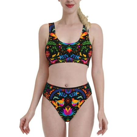 Bixox Mexican Flower Traditional1 Pattern Two-Piece Sports Bikini with U-Shaped Top and High-Waist Bottom - Women s Swimwear with Removable Bra Pads