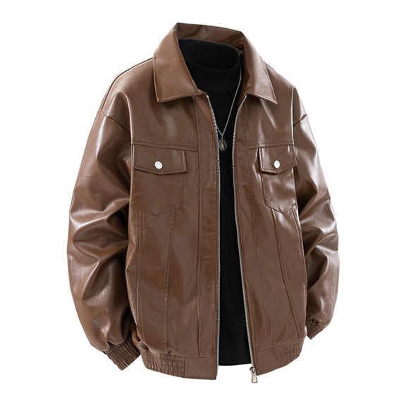 LYSMORA 2026 Men's Lapel Faux Leather Trucker Bomber Jacket, Snap Chest Flap Pockets Elastic Cuff Hem Oversized Loose Fit Windproof Motorcycle Street Casual Outerwear