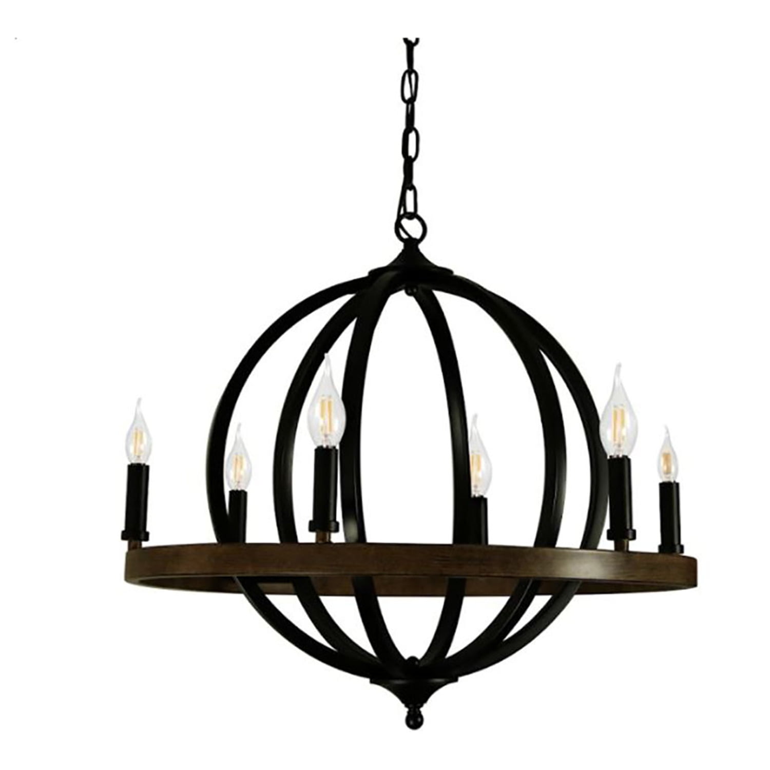 Canyon Home 6 Light Chandelier Globe (Matte Black) Round, Steel Sphere with Wood Patterned